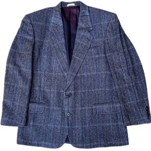 100% Silk Blazer 42R Navy Herringbone Windowpane, Notch Lapel Cellini Collection